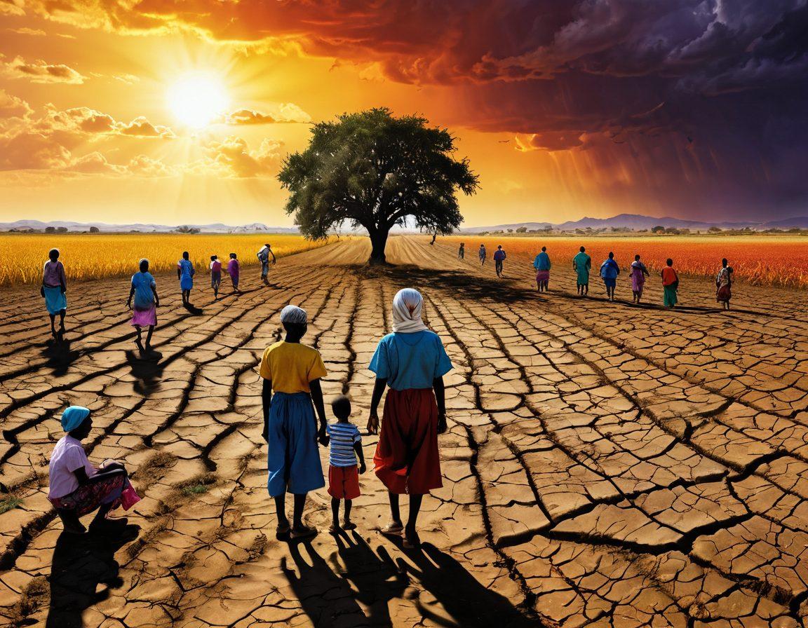 A powerful illustration showing a stark contrast between a parched, cracked landscape and a vibrant field overflowing with crops. In the foreground, a diverse group of people, including children and elders, look concerned and hopeful, symbolizing the complexities of the hunger crisis. The sky should transition from dark and stormy to bright and sunny, representing the journey from drought to abundance. super-realistic. vibrant colors. dramatic lighting.