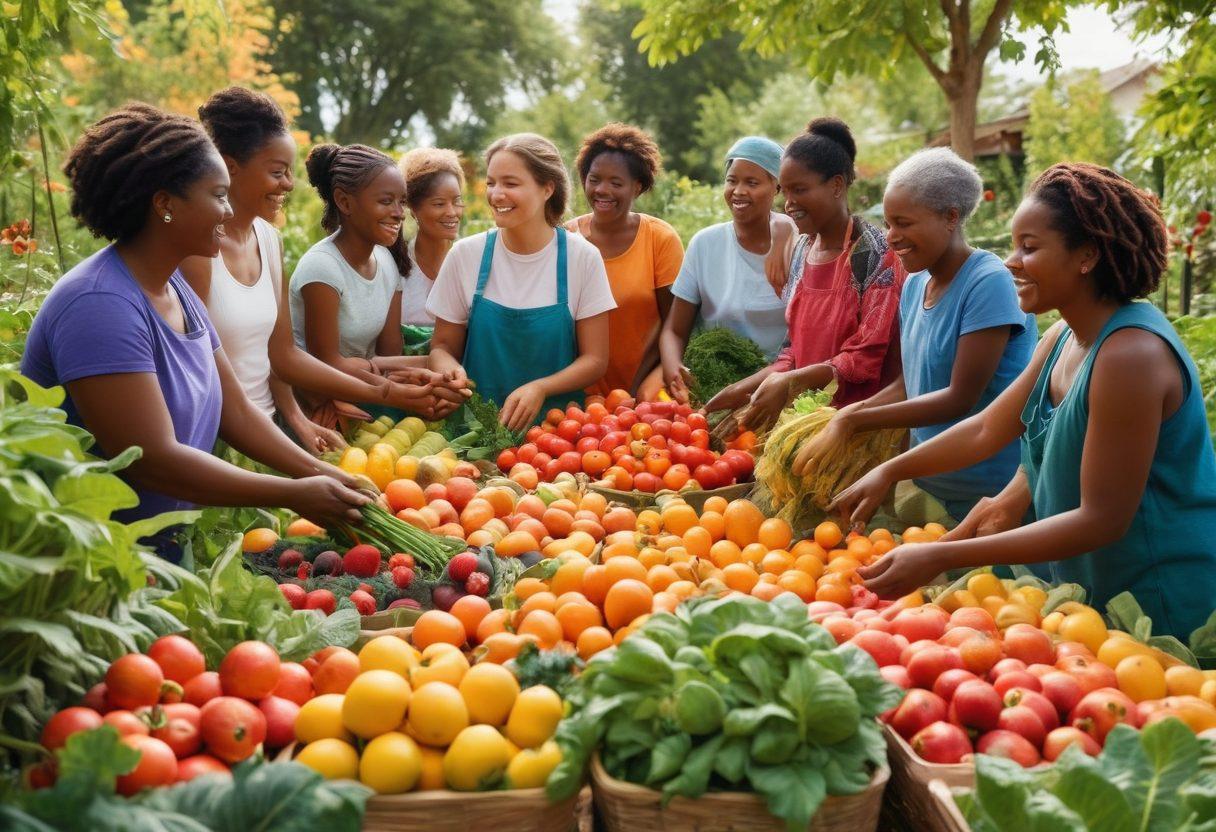A powerful illustration of a diverse group of people coming together to harvest crops in a community garden, surrounded by vibrant fruits and vegetables symbolizing hope and abundance. Include children learning about nutrition and cooking, alongside volunteers distributing food packages to families in need. The scene should convey unity and resilience against food insecurity, with a bright and uplifting atmosphere. colorful and inspirational. vibrant colors. 3D.