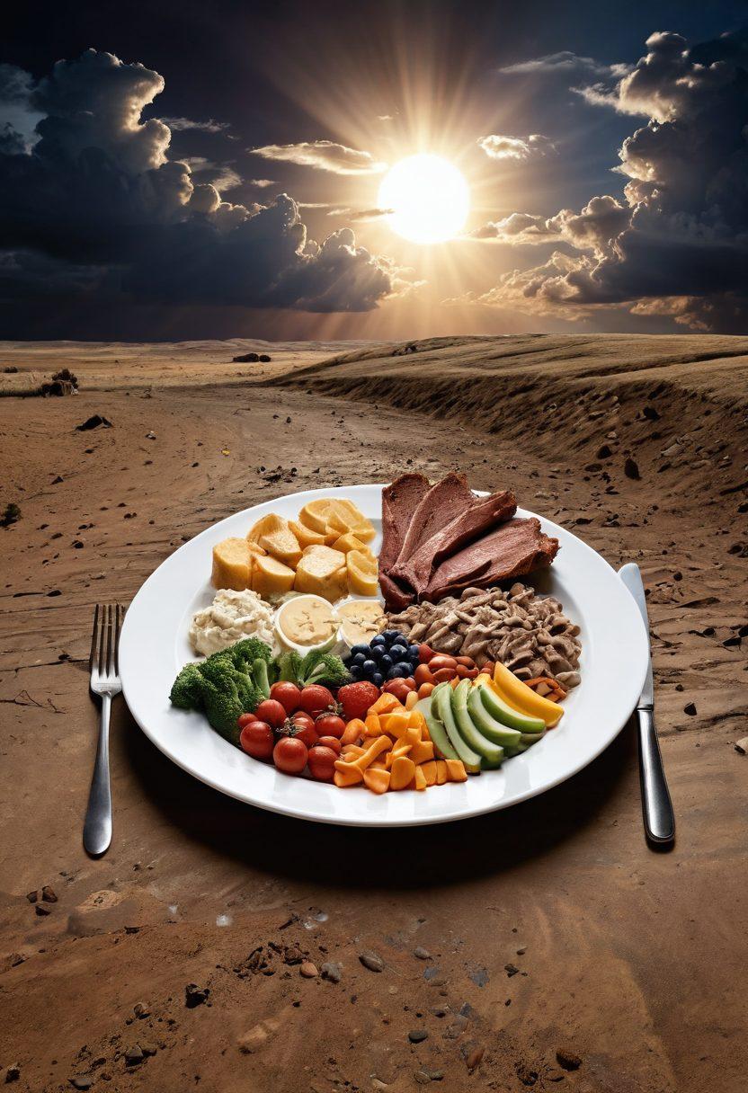 A powerful visual representation of a barren landscape divided in half: one side showing a stark, empty plate symbolizing hunger, and the other side overflowing with fresh, nutritious food. In the background, shadowy figures representing malnourished individuals contrast with joyful families enjoying a healthy meal. Include a bright sun on one side and dark clouds on the other to illustrate the disparity. super-realistic. vibrant colors. dramatic lighting.